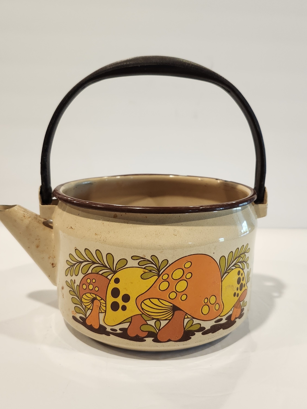 Vintage Sears Merry Mushroom Pattern Enamel Teapot 1970's